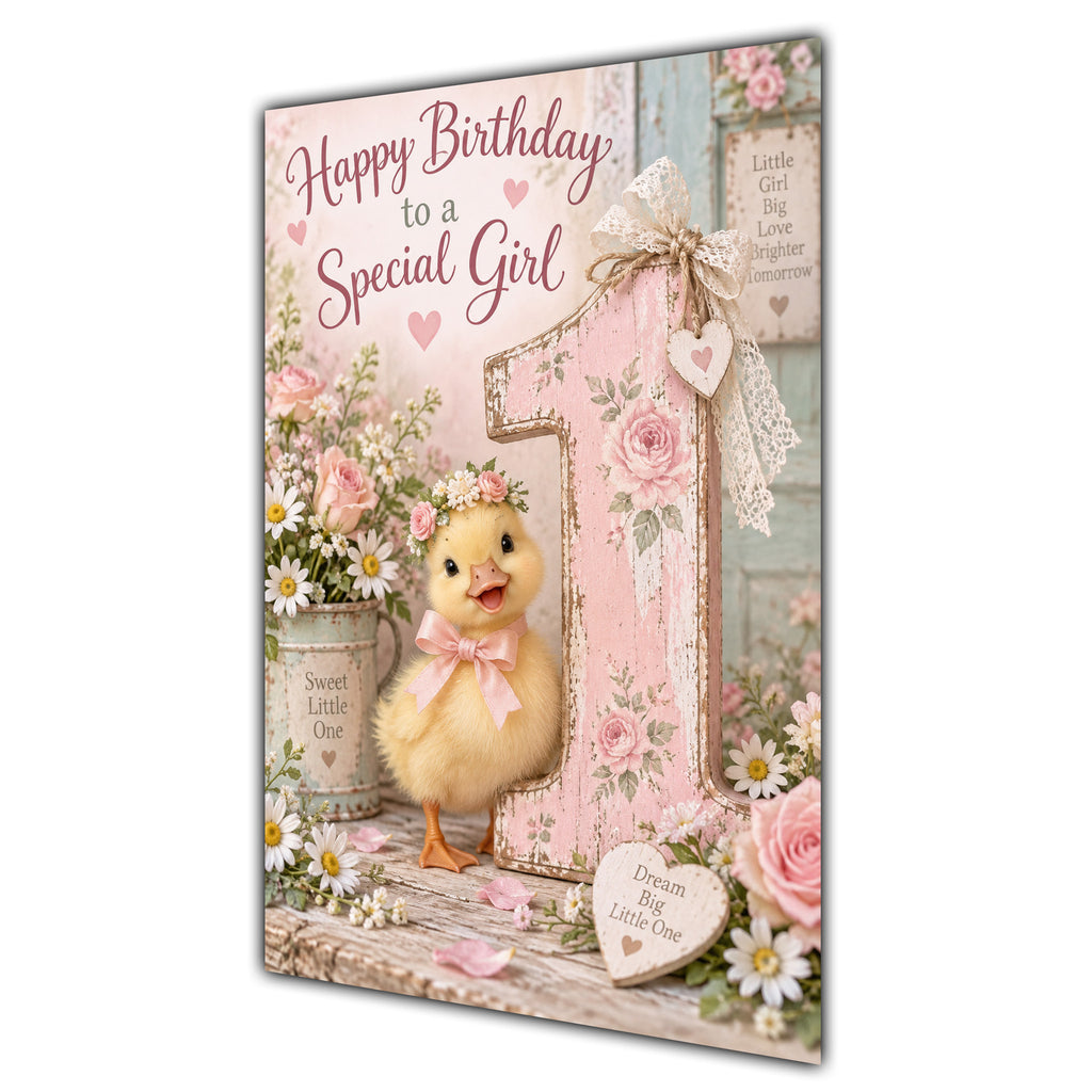 Happy 1st Birthday Special Girl Duckling Flowers Greeting Card A5