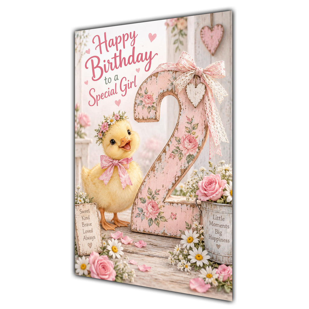 Happy 2nd Birthday Special Girl Duckling Flowers Greeting Card A5