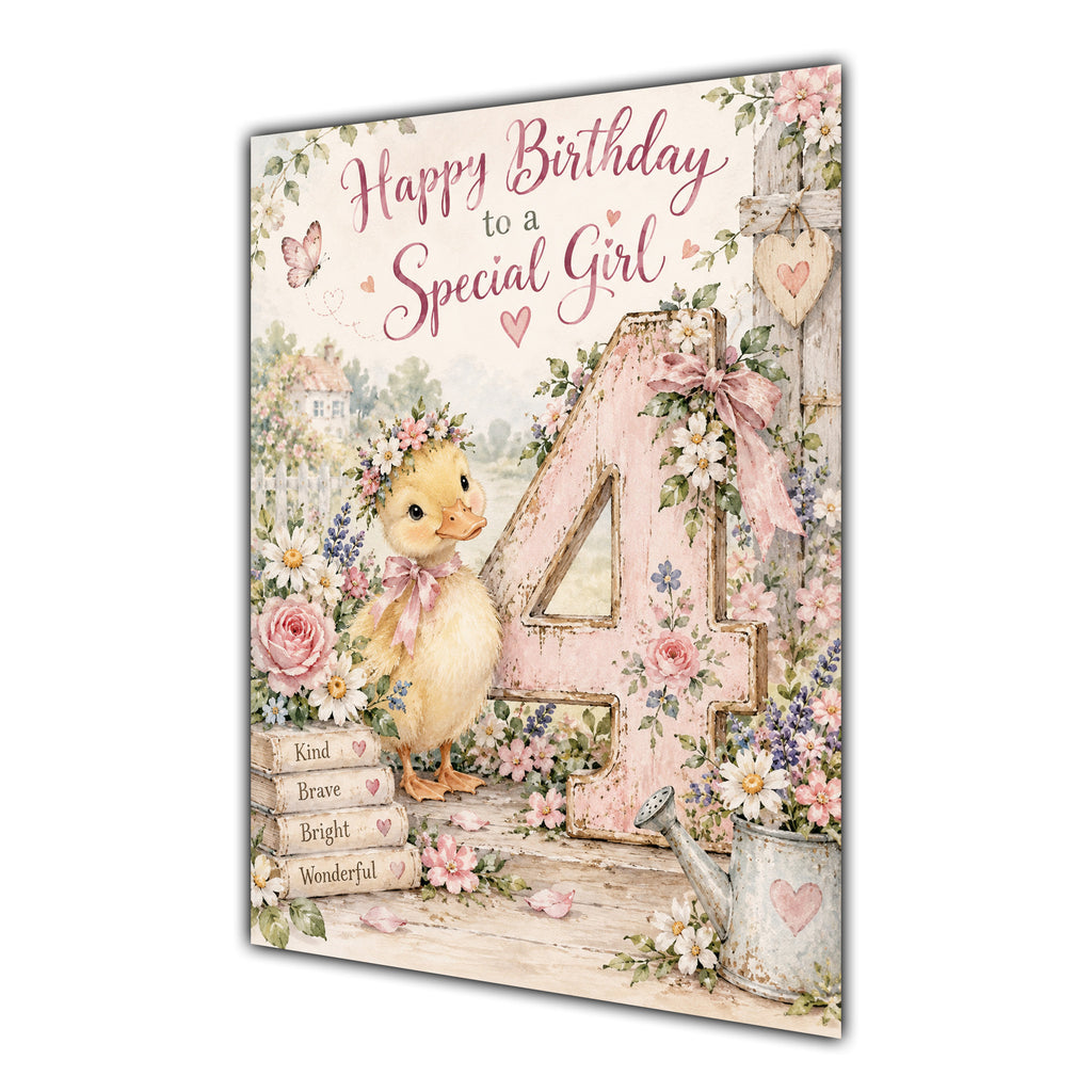 Happy 4th Birthday Special Girl Duckling Flowers Greeting Card A5