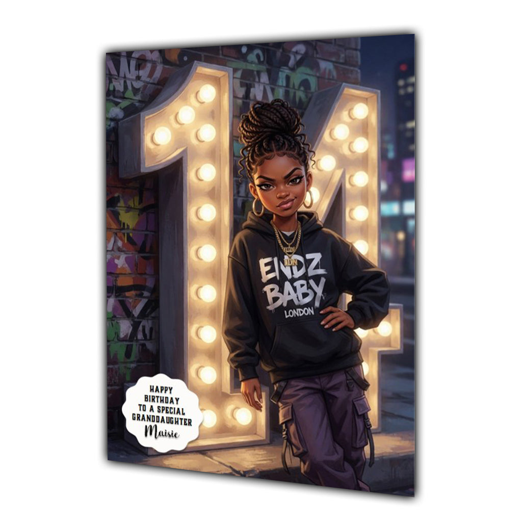 Personalised 14th Birthday Card - Girl in a Hoodie with Number Lights