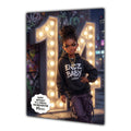 Personalised 14th Birthday Card - Girl in a Hoodie with Number Lights