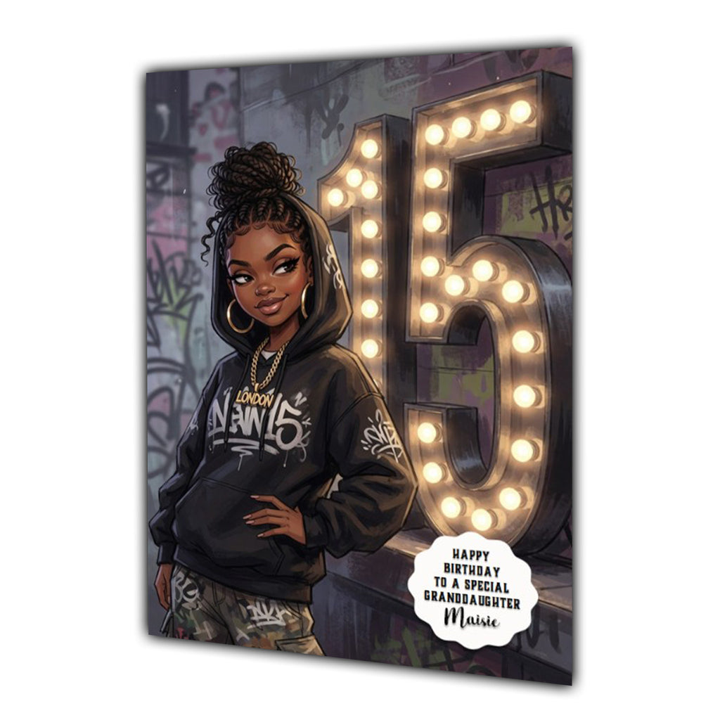 Personalised 15th Birthday Card - Girl in a Hoodie with Number Lights