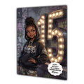 Personalised 15th Birthday Card - Girl in a Hoodie with Number Lights