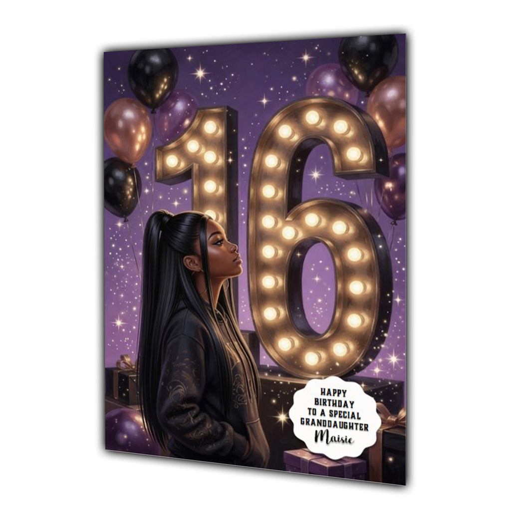 Personalised 16th Birthday Card - Girl in a Hoodie with Number Lights