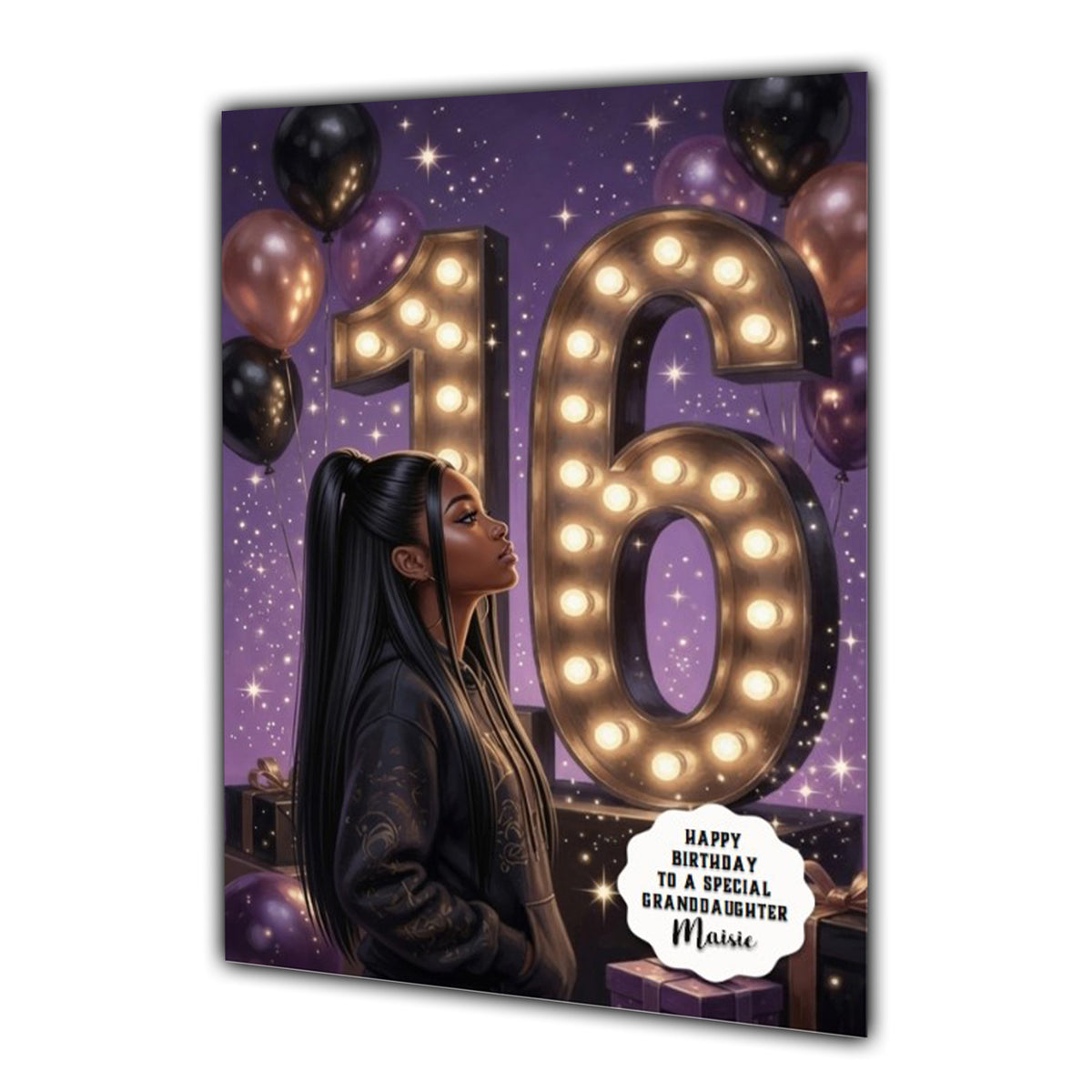 Personalised 16th Birthday Card - Girl in a Hoodie with Number Lights
