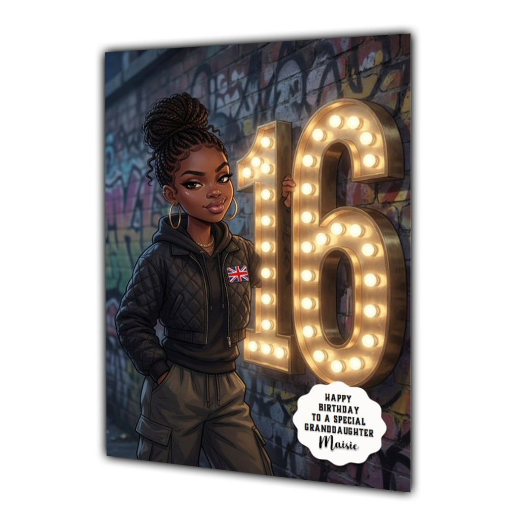 16th Birthday Card Urban Black Girl Granddaughter Daughter Large A5 Size