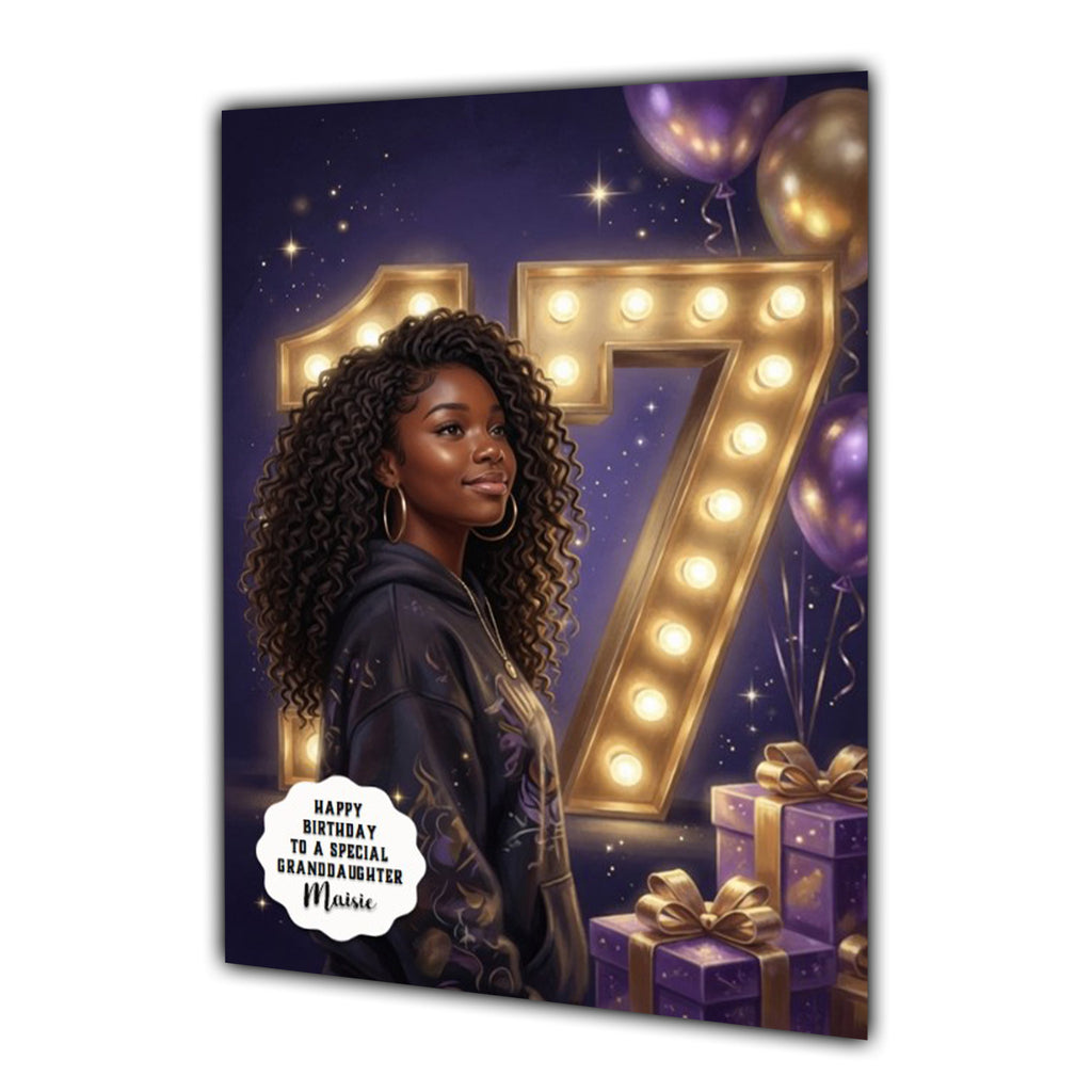 Personalised 17th Birthday Card - Girl in a Hoodie with Number Lights