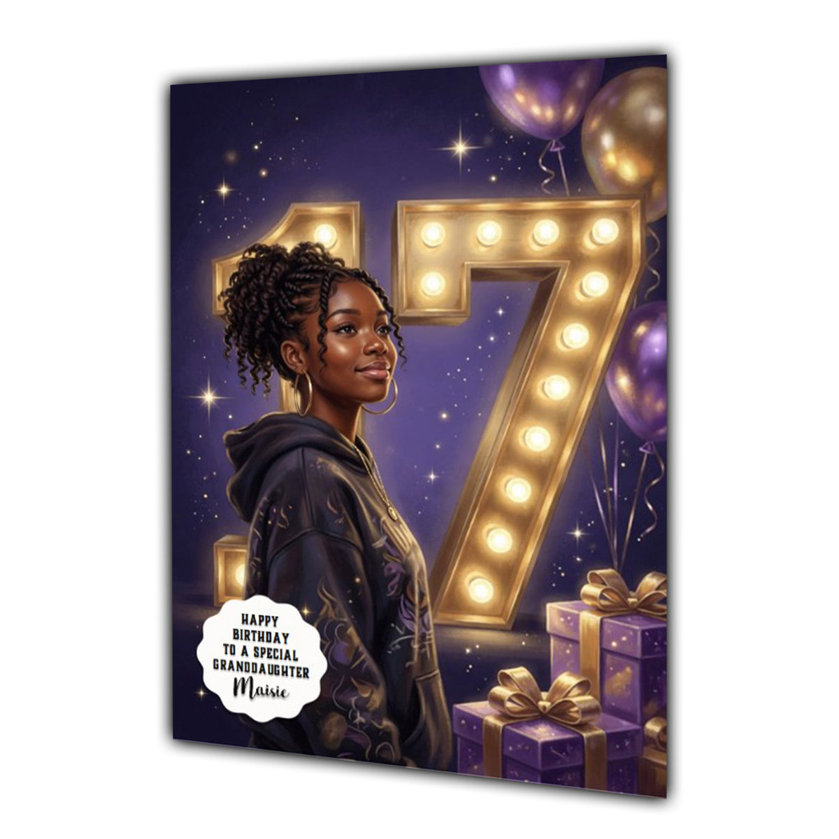 Personalised 17th Birthday Card - Girl in a Hoodie with Number Lights
