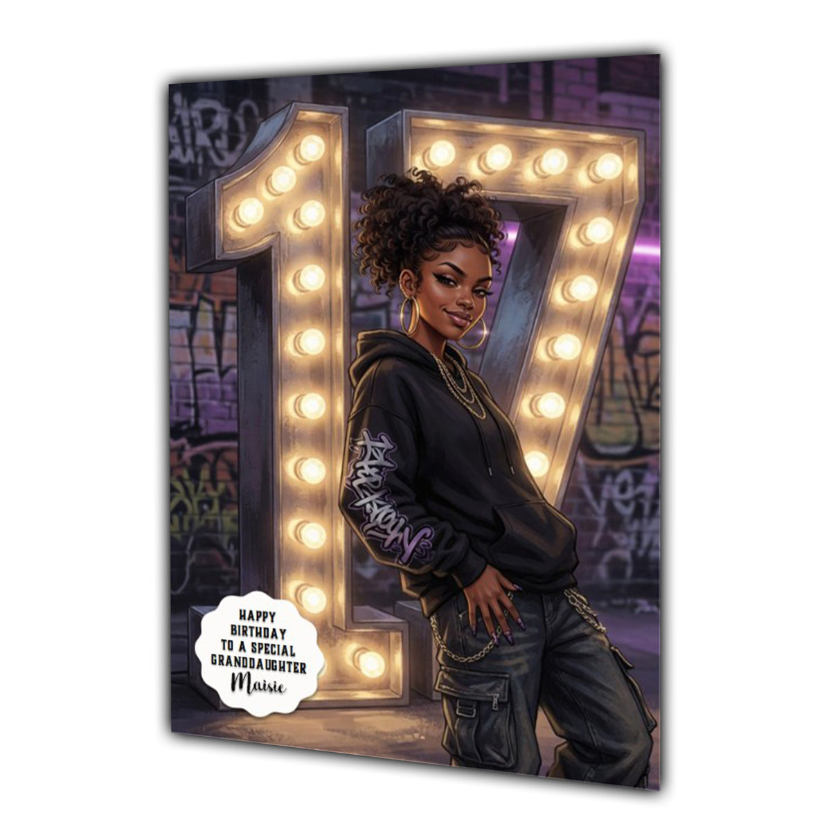 17th Birthday Card Urban Black Girl Granddaughter Daughter Large A5 Size