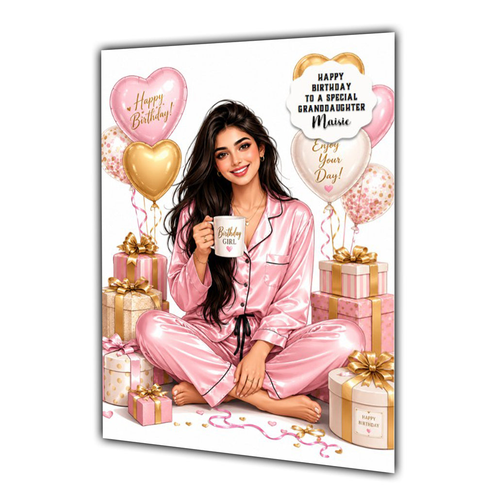 Personalised Birthday Card - Woman in Pyjamas with Birthday Presents