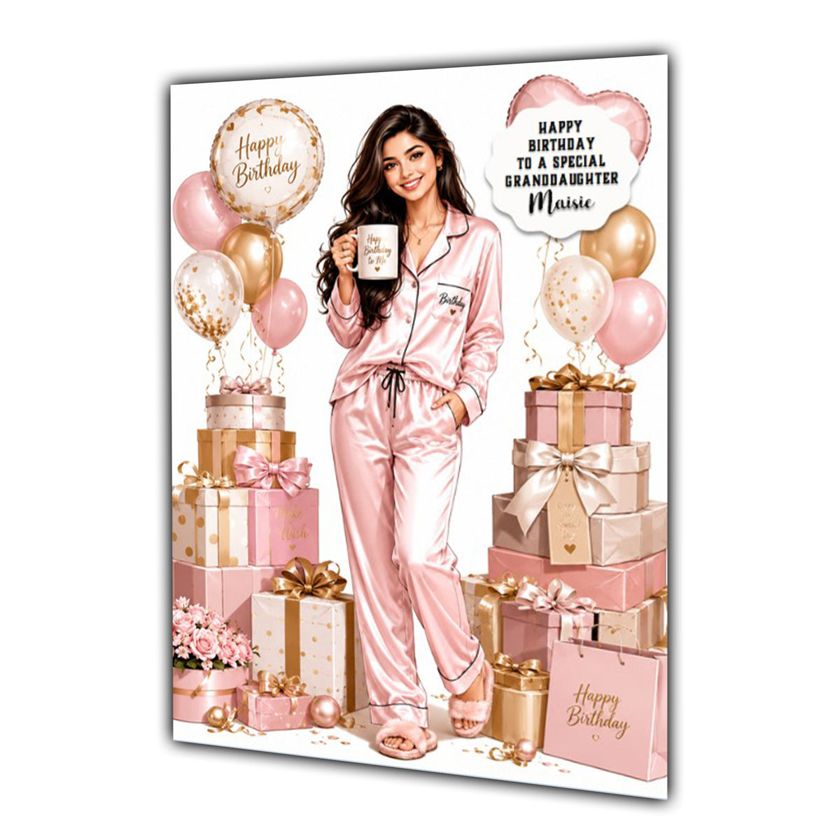 Personalised Birthday Card - Woman in Pyjamas with Birthday Presents