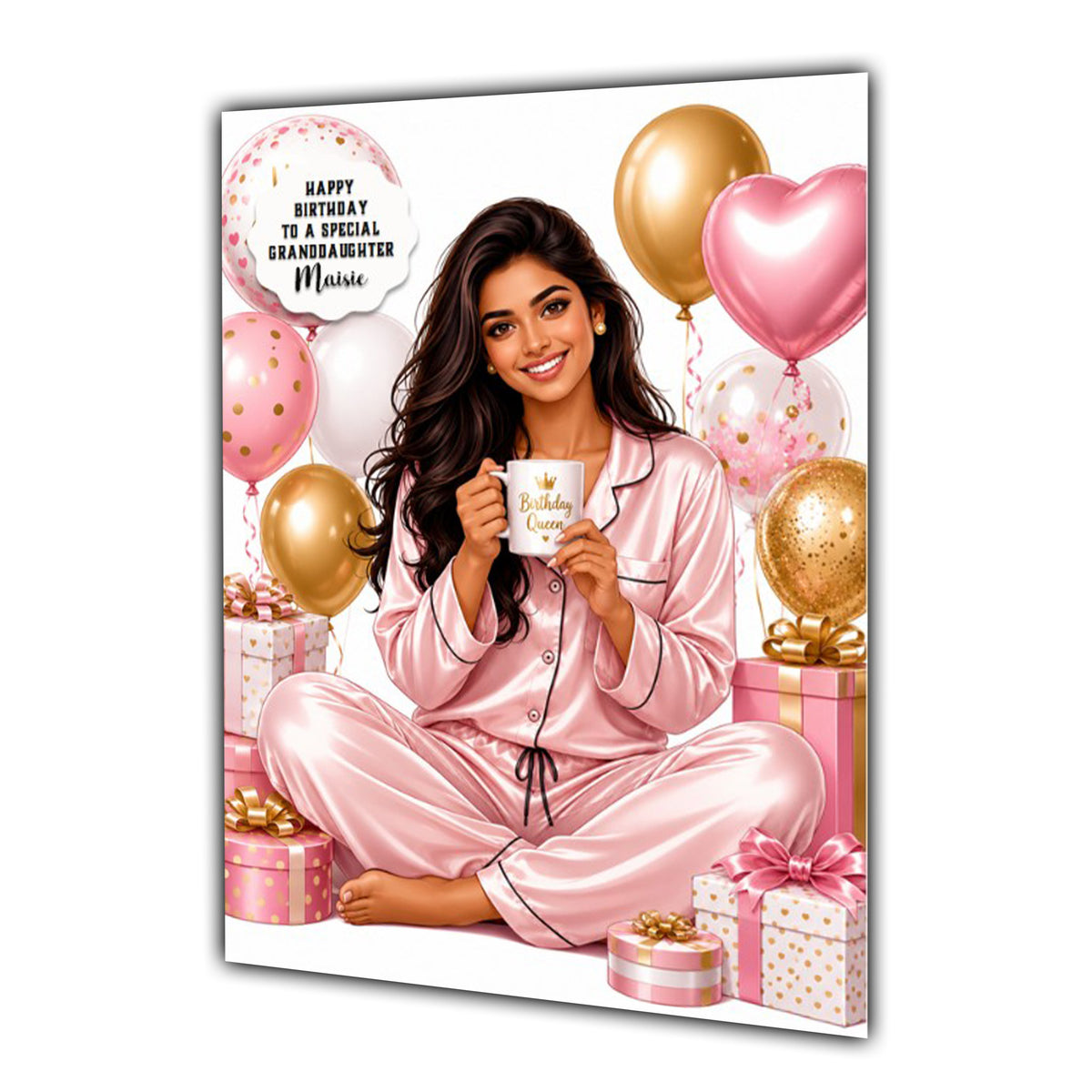 Personalised Birthday Card - Woman in Pyjamas with Birthday Presents
