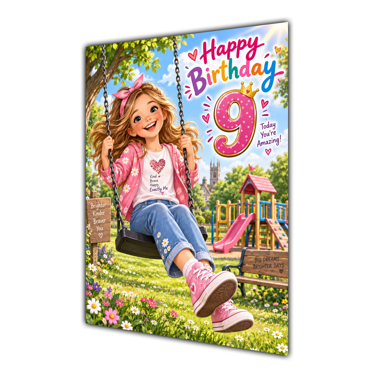 9th Birthday Card - Girl on a Garden Swing