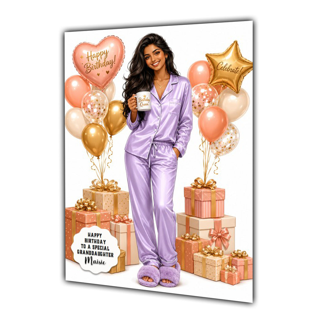 Personalised Birthday Card - Woman in Pyjamas with Birthday Presents