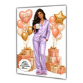 Personalised Birthday Card - Woman in Pyjamas with Birthday Presents