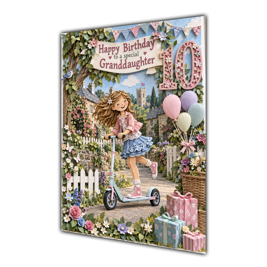 Granddaughter 10th Birthday Card - Girl Riding a Scooter