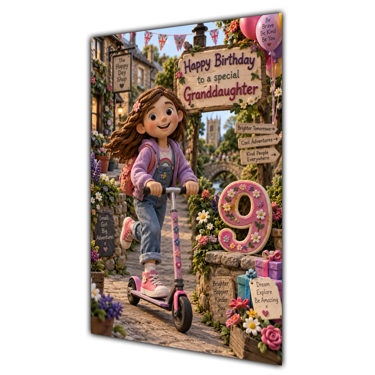 Granddaughter 9th Birthday Card - Girl Riding a Scooter