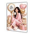 Personalised Birthday Card - Woman in Pyjamas with Birthday Presents