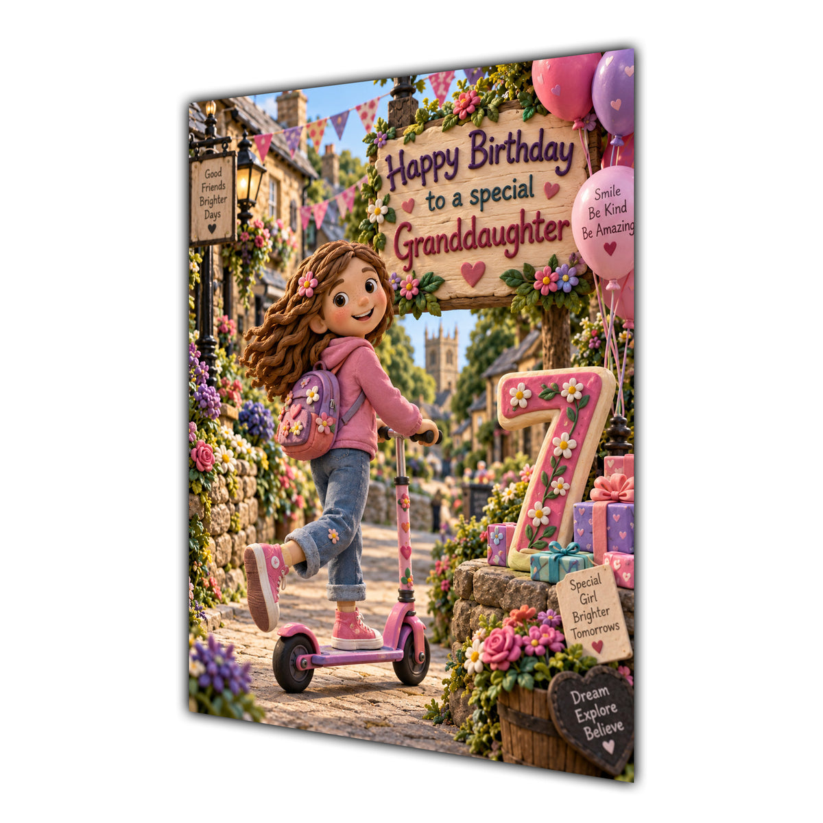 Granddaughter 7th Birthday Card - Girl Riding a Scooter