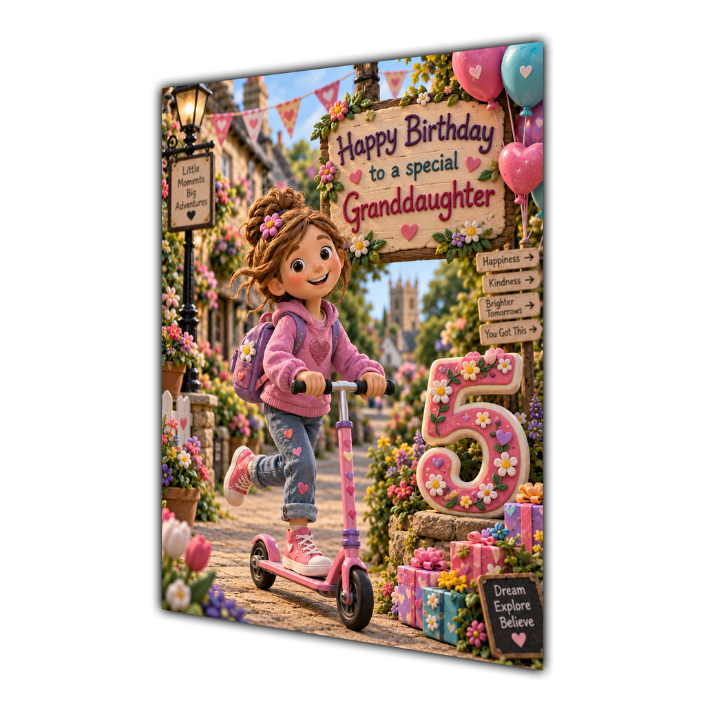 Granddaughter 5th Birthday Card - Girl Riding a Scooter