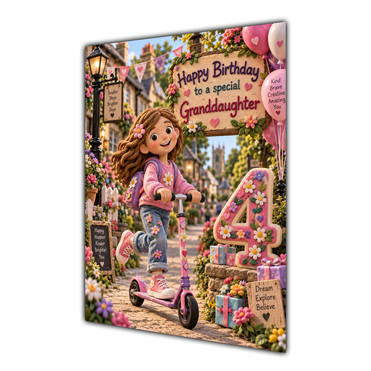 Granddaughter 4th Birthday Card - Girl Riding a Scooter