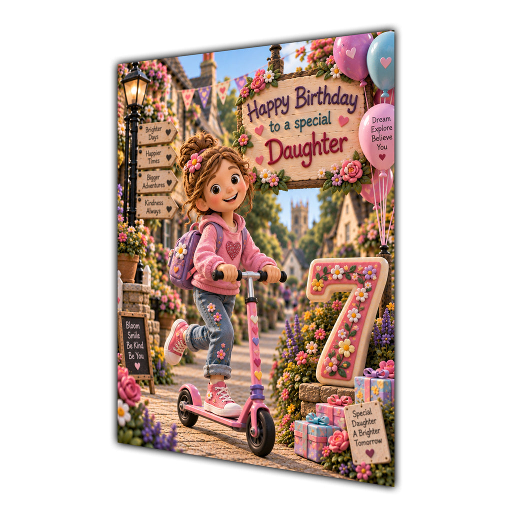 Daughter 7th Birthday Card - Girl Riding a Scooter