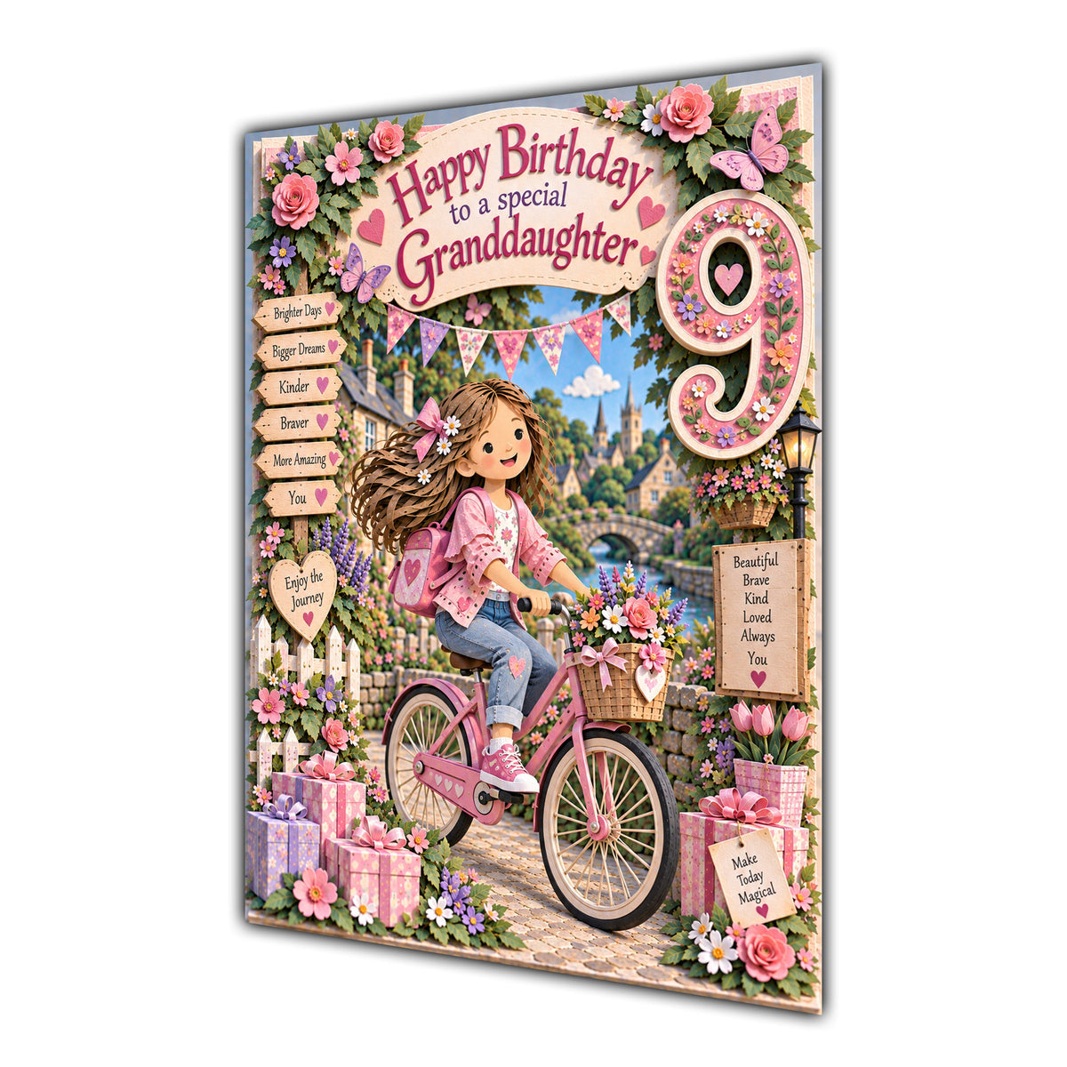 Granddaughter 9th Birthday Card - Girl Riding a Bicycle