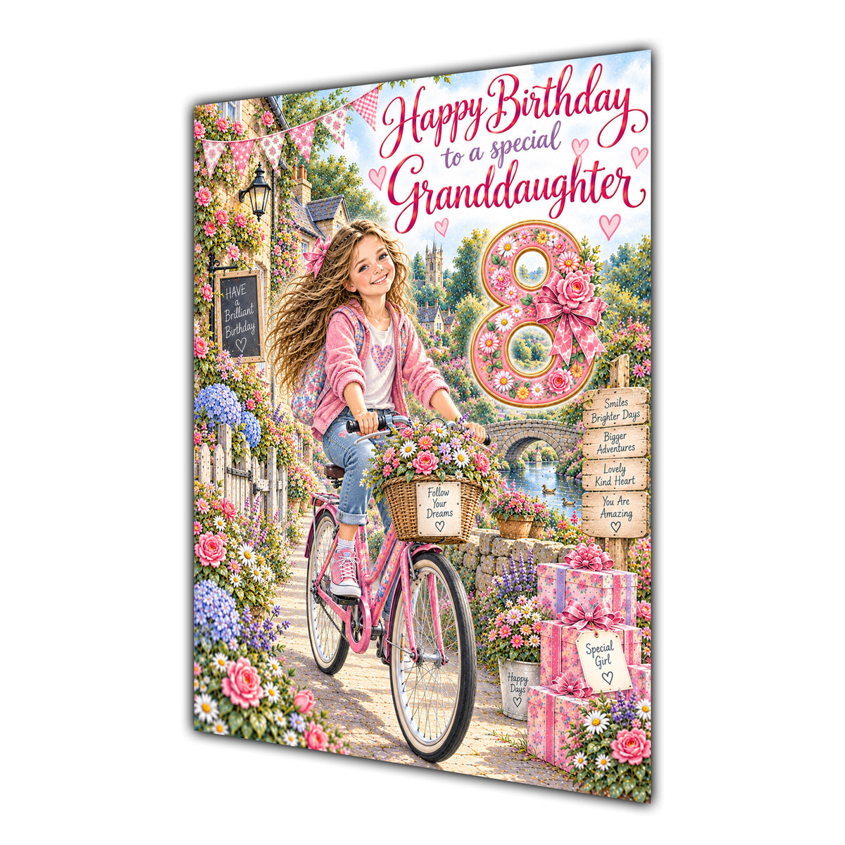 Granddaughter 8th Birthday Card - Girl Riding a Bicycle