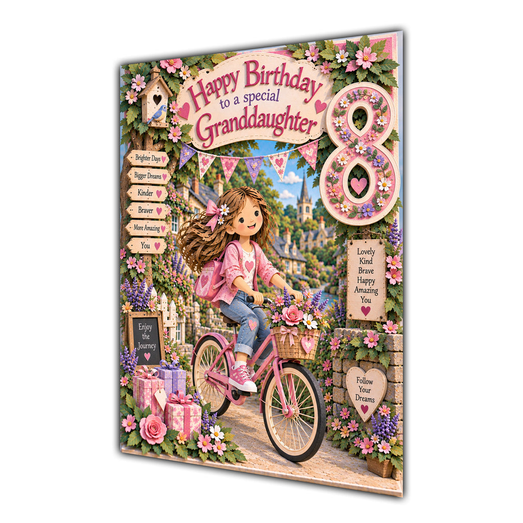 Granddaughter 8th Birthday Card - Girl Riding a Bicycle