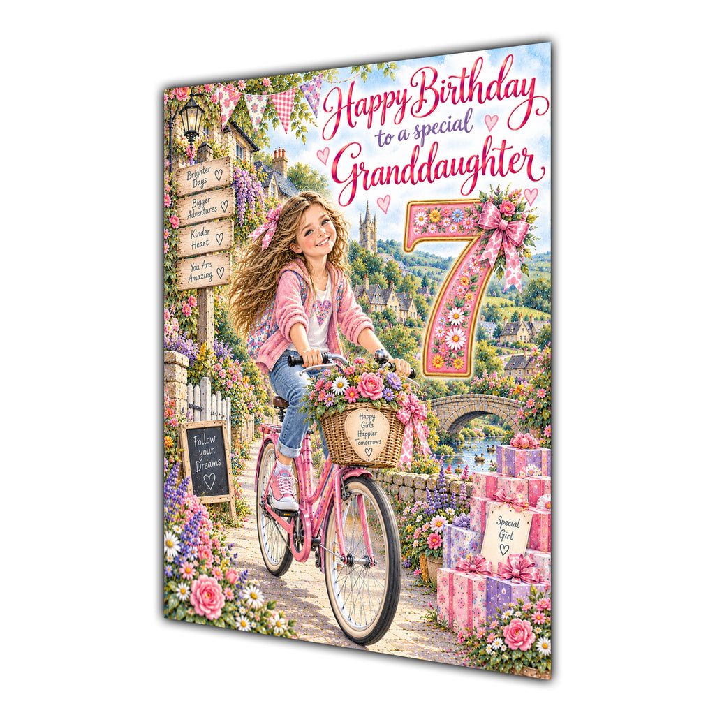 Granddaughter 7th Birthday Card - Girl Riding a Bicycle