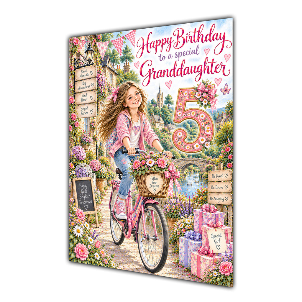 Granddaughter 5th Birthday Card - Girl Riding a Bicycle