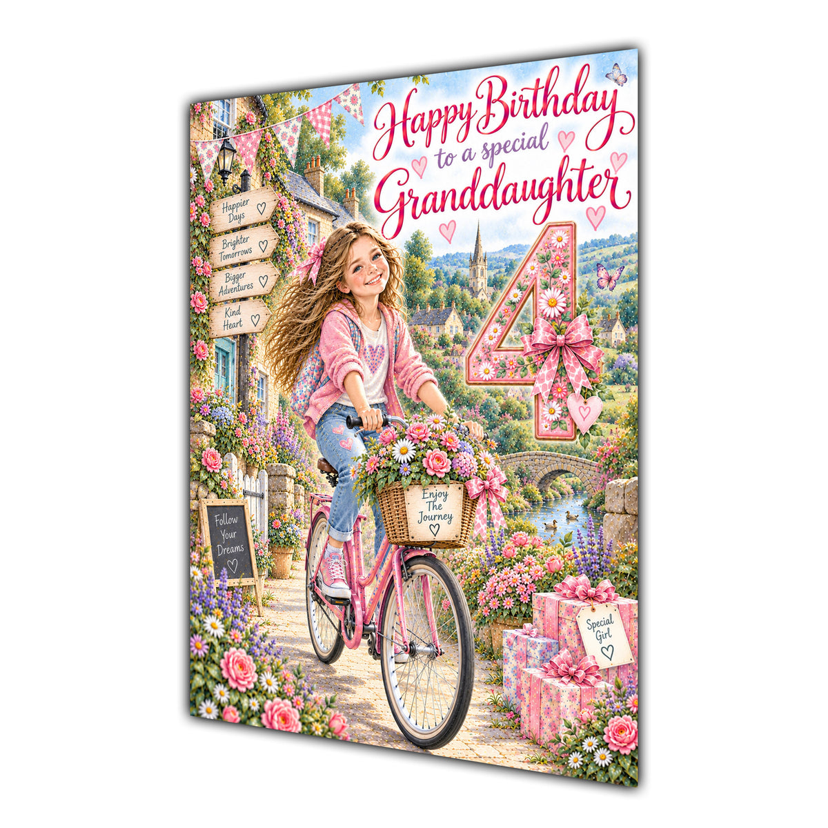Granddaughter 4th Birthday Card - Girl Riding a Bicycle