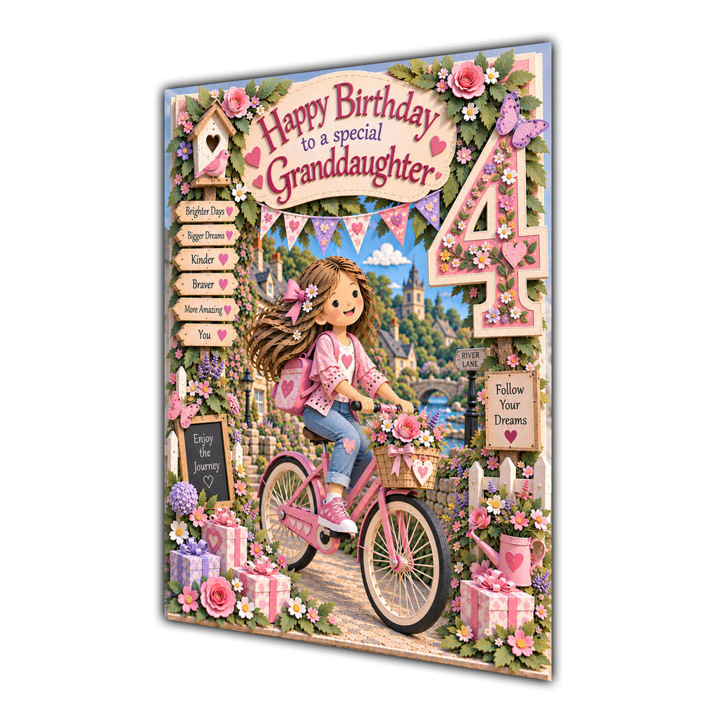 Granddaughter 4th Birthday Card - Girl Riding a Bicycle