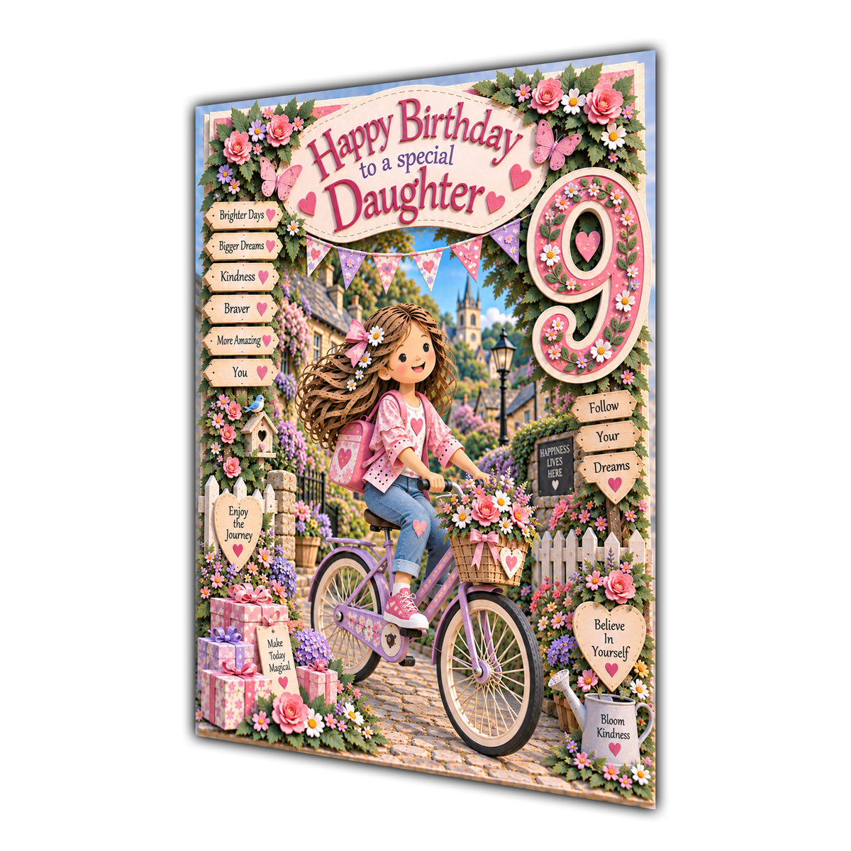 Daughter 9th Birthday Card - Girl Riding a Bicycle