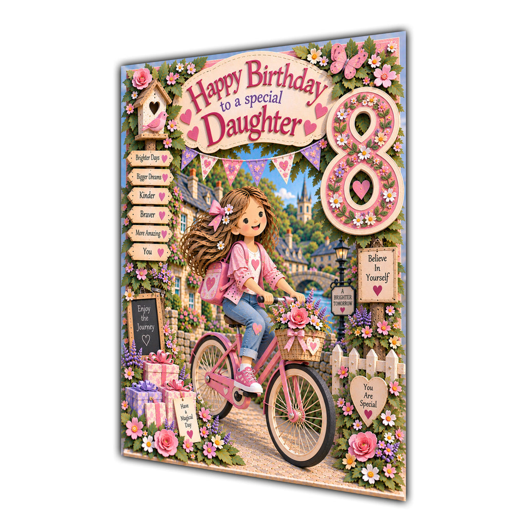 Daughter 8th Birthday Card - Girl Riding a Bicycle