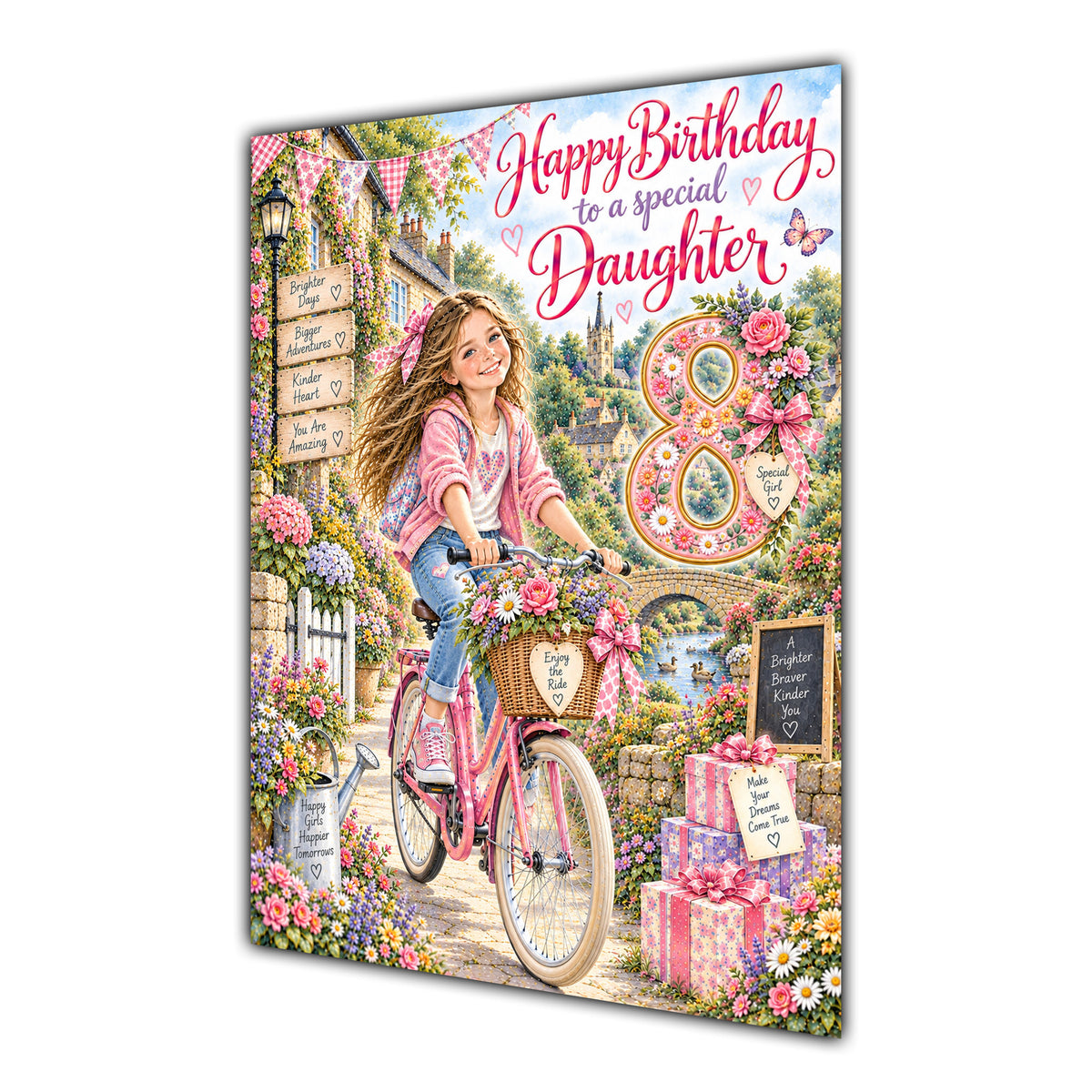 Daughter 8th Birthday Card - Girl Riding a Bicycle