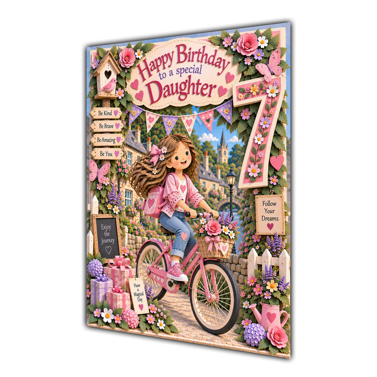 Daughter 7th Birthday Card - Girl Riding a Bicycle
