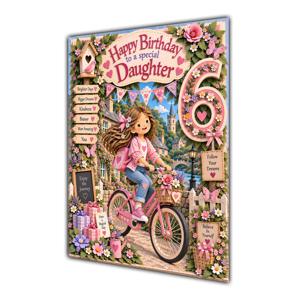 Daughter 6th Birthday Card - Girl Riding a Bicycle