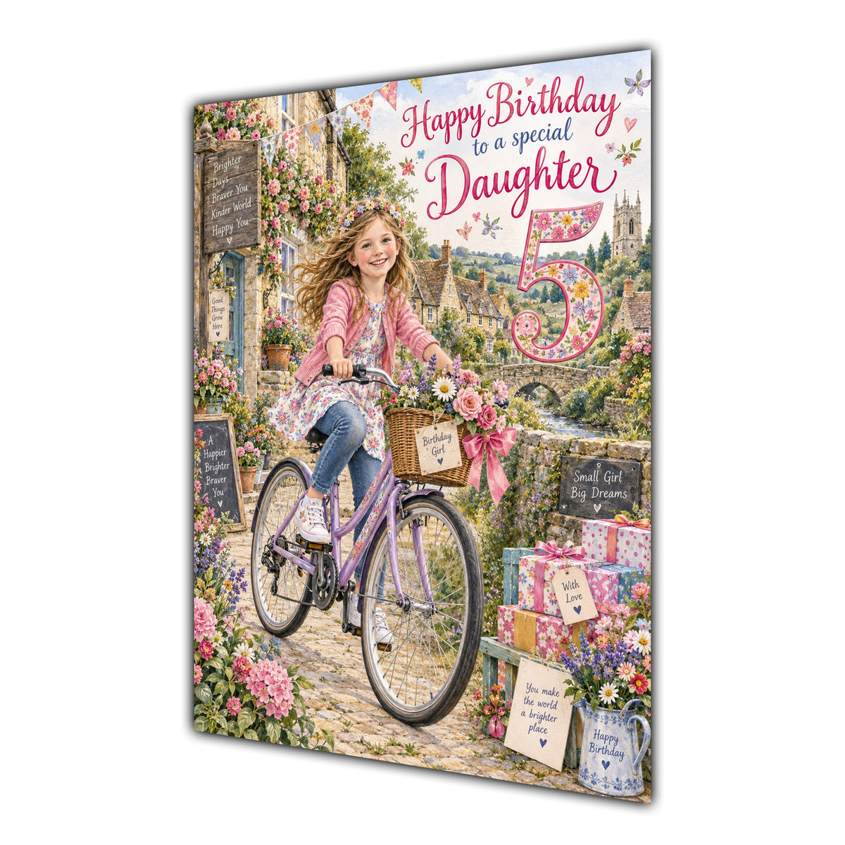 Daughter 5th Birthday Card - Girl Riding a Bicycle