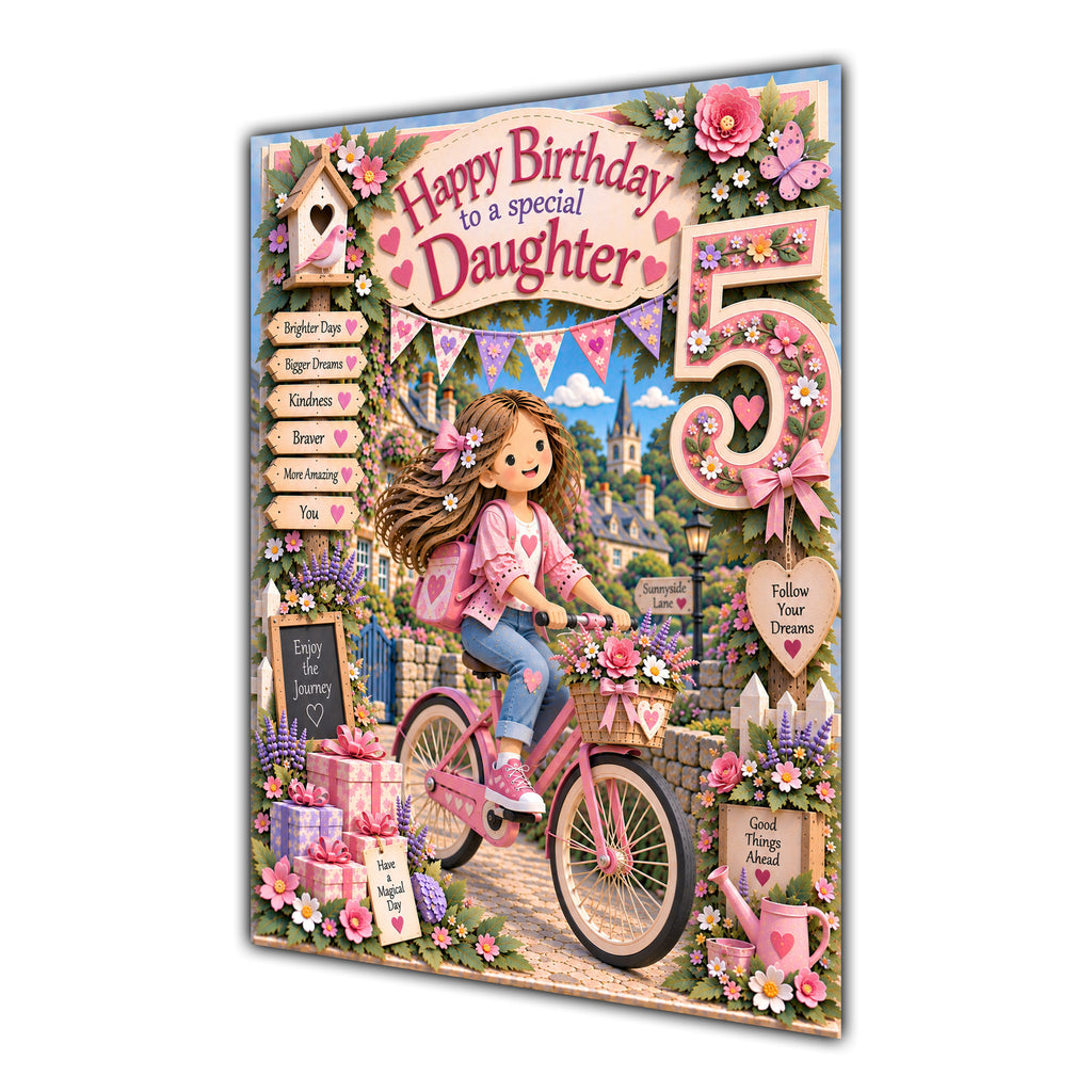 Daughter 5th Birthday Card - Girl Riding a Bicycle