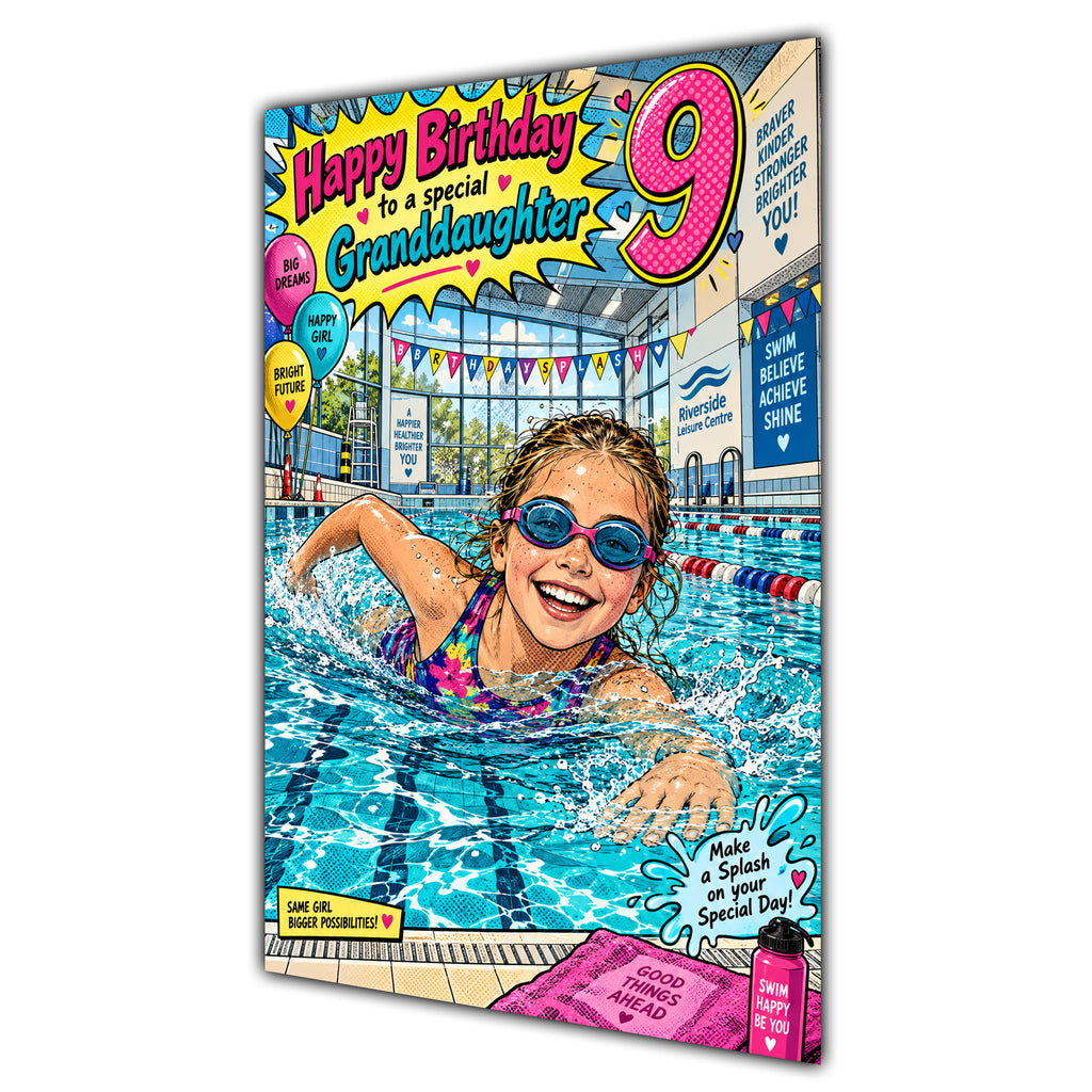 Granddaughter 9th Birthday Card - Girl Swimming
