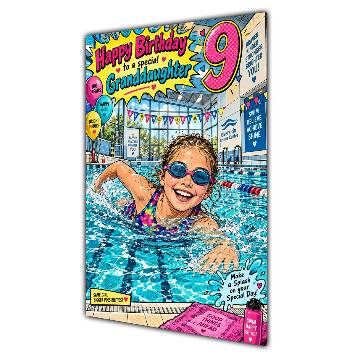 Granddaughter 9th Birthday Card - Girl Swimming