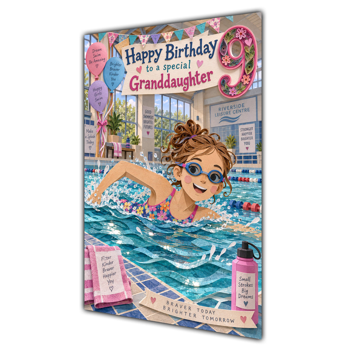 Granddaughter 9th Birthday Card - Girl Swimming