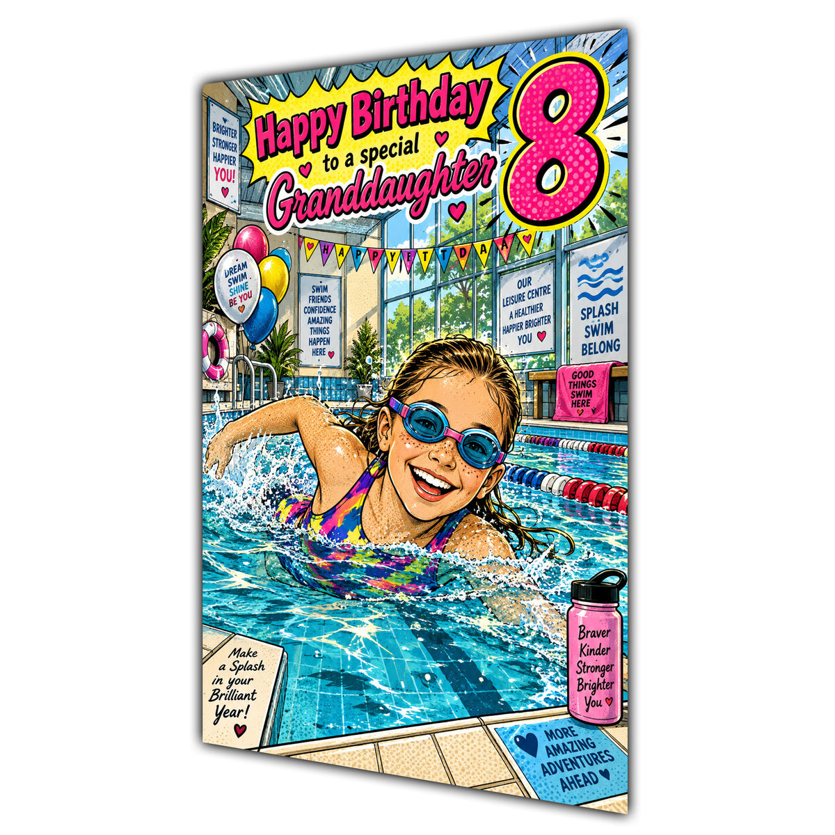 Granddaughter 8th Birthday Card - Girl Swimming