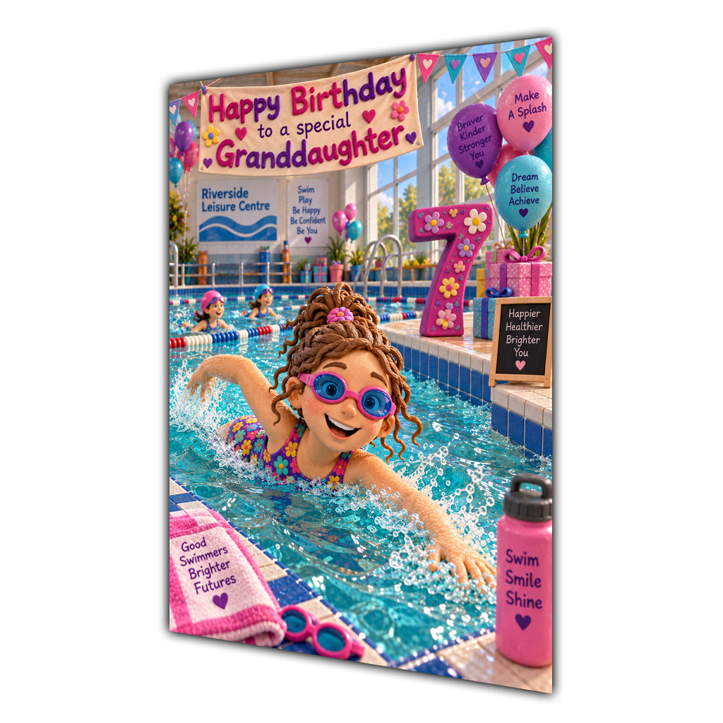 Granddaughter 7th Birthday Card - Girl Swimming
