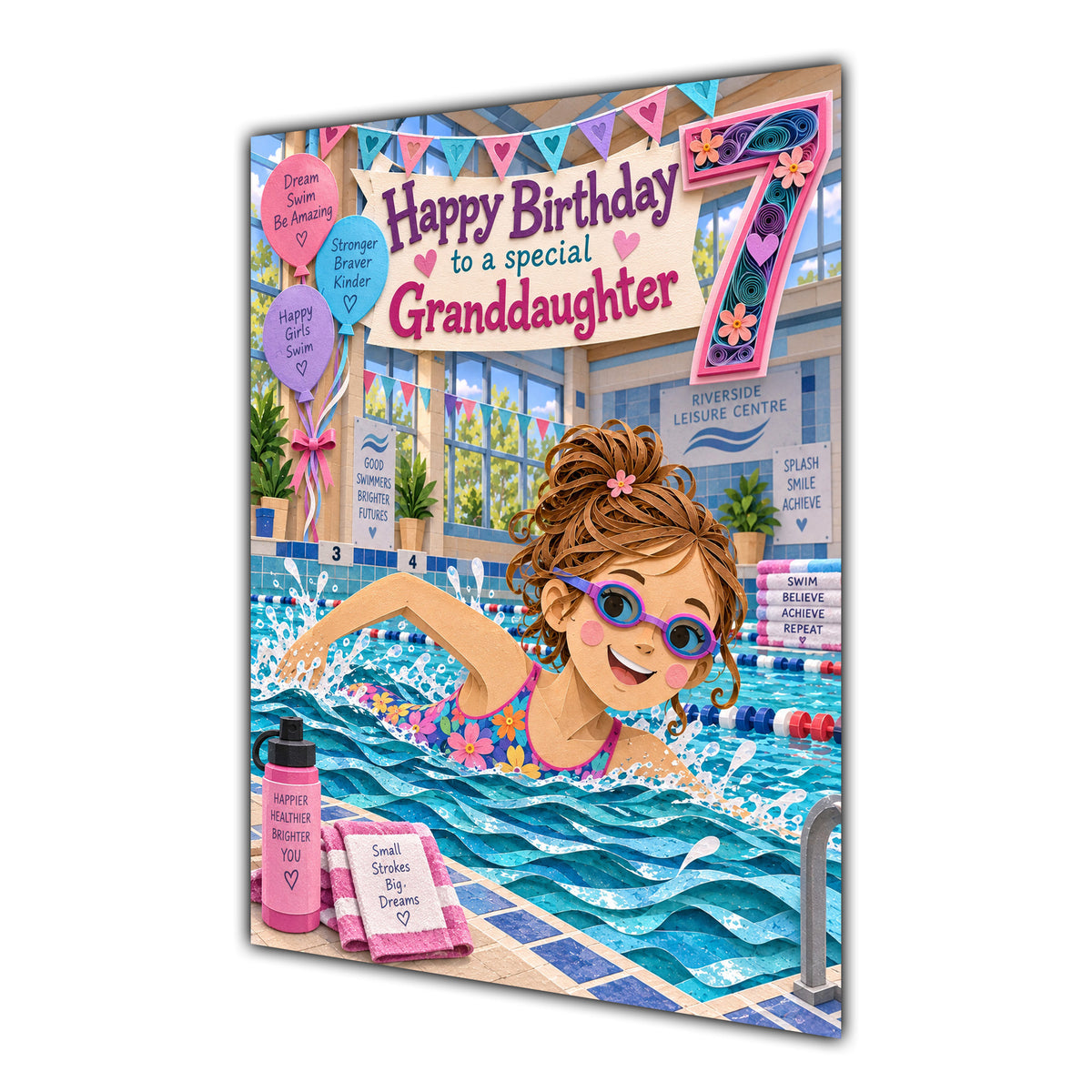 Granddaughter 7th Birthday Card - Girl Swimming