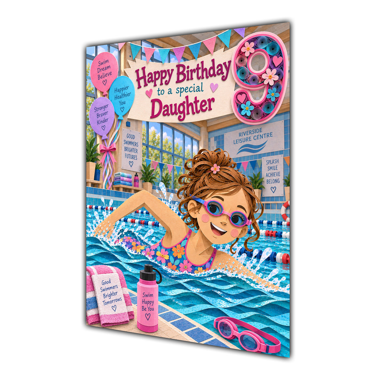 Daughter 8th Birthday Card - Girl Swimming