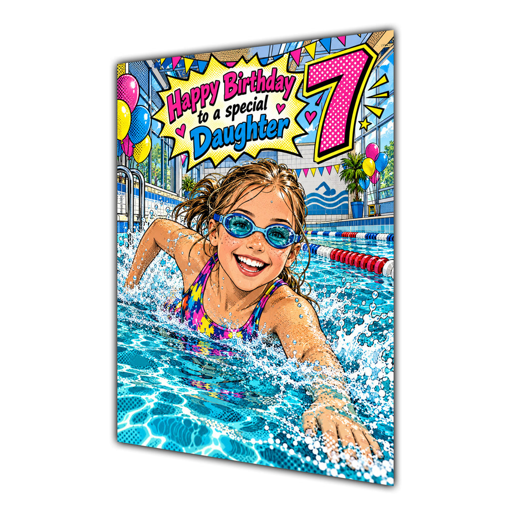 Daughter 7th Birthday Card - Girl Swimming