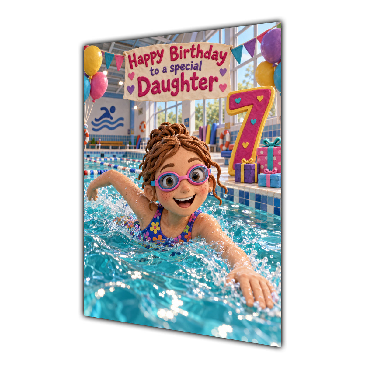 Daughter 7th Birthday Card - Girl Swimming