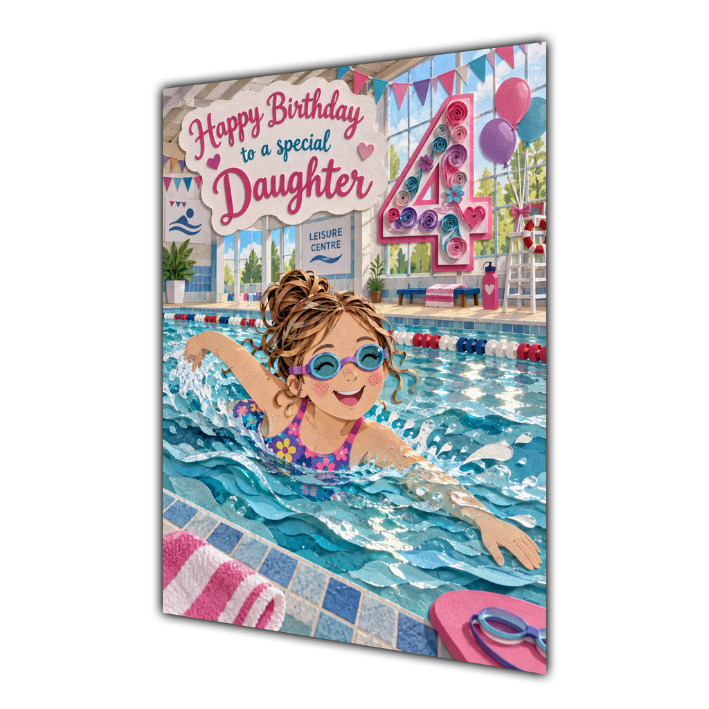 Daughter 4th Birthday Card - Girl Swimming